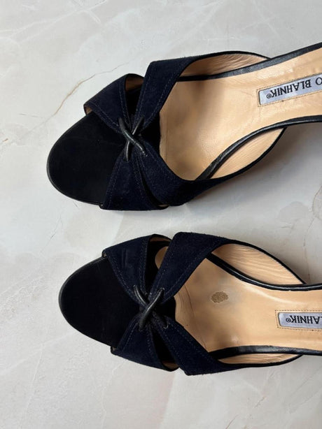 Manolo Blahnik EU 42 Navy Suede Crossover Open Toe Kitten Heel Mule