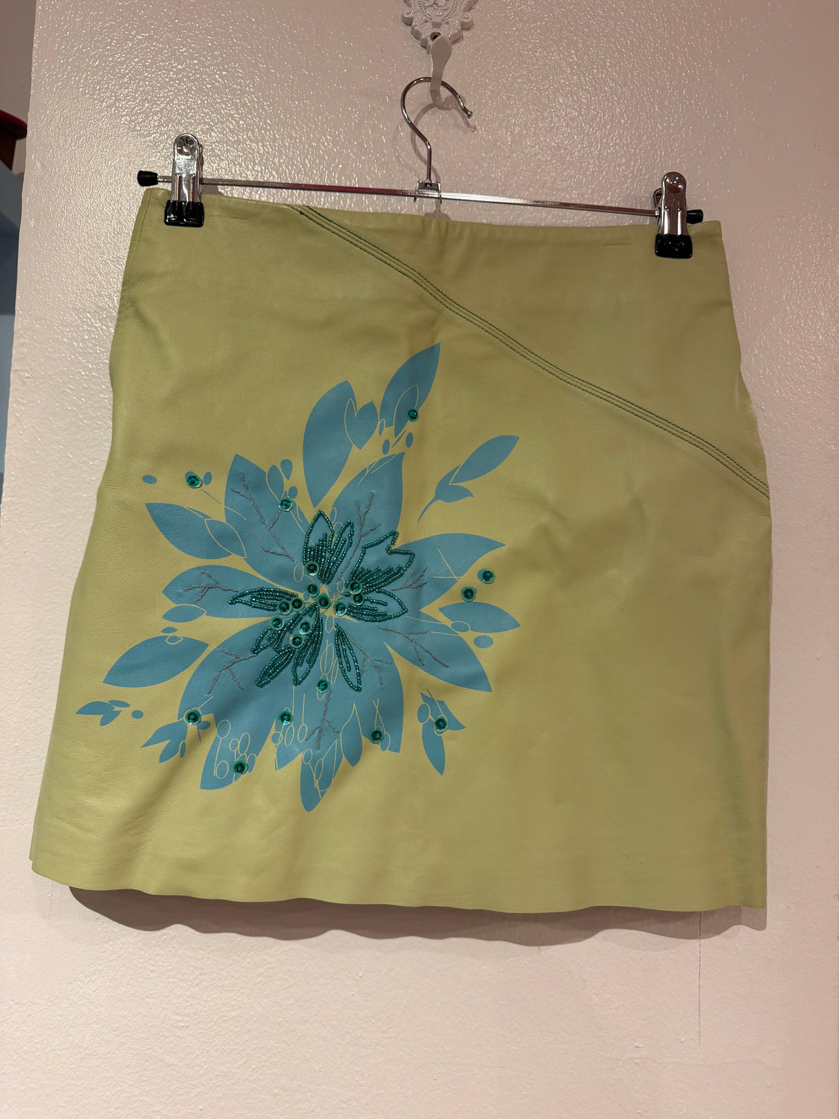 As is green Y2K leather skirt with flower TUV #31251