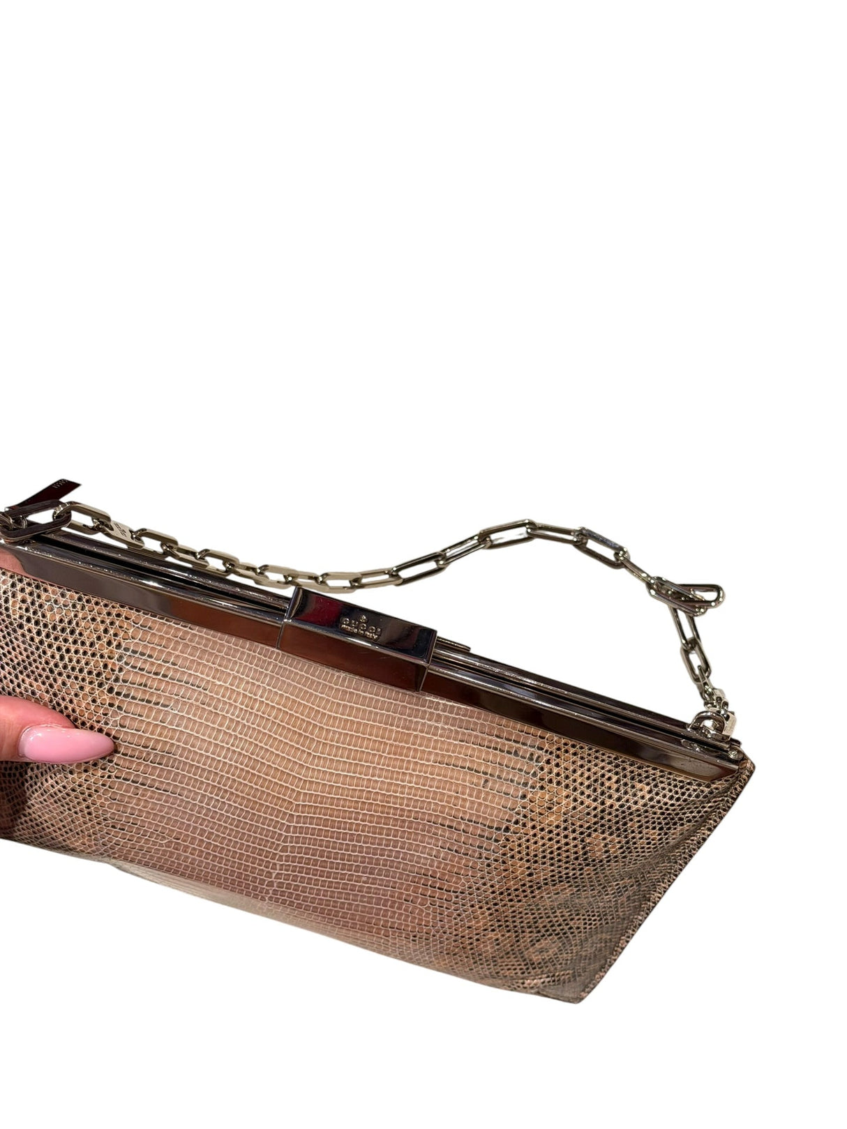 Gucci tan lizard skin clutch with silver chain strap
