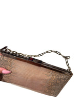 Gucci tan lizard skin clutch with silver chain strap