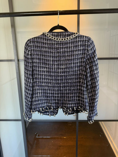 Moschino Navy & White Houndstooth Silver Chain Link Jacket