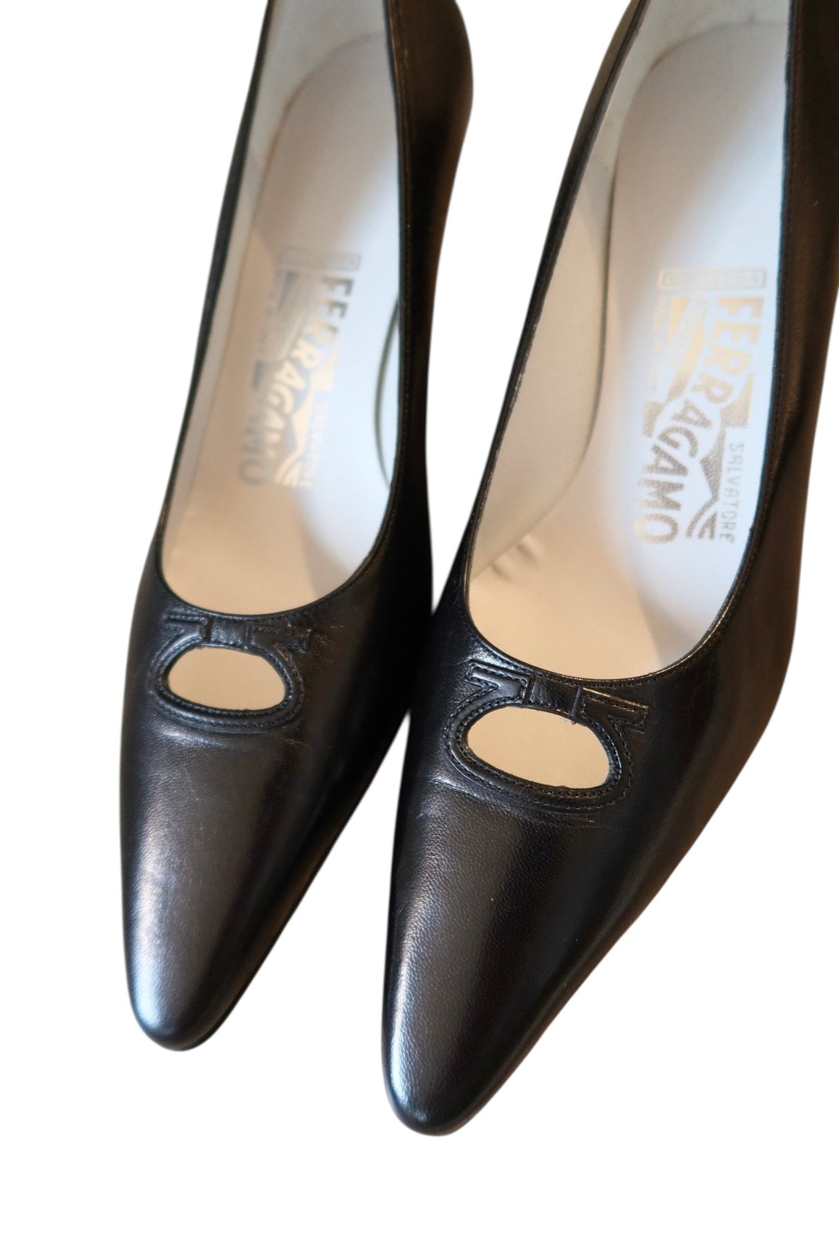 Salvatore Ferragamo black kitten heels with logo detail (6.5)