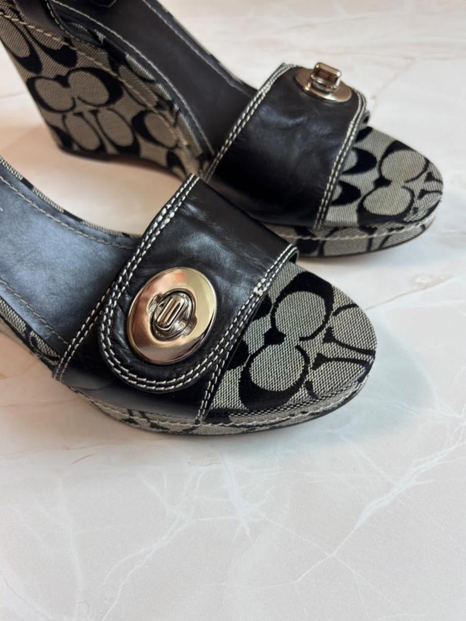 Coach US 9.5 Signature Canvas Wedge Sandal with Ankle Strap