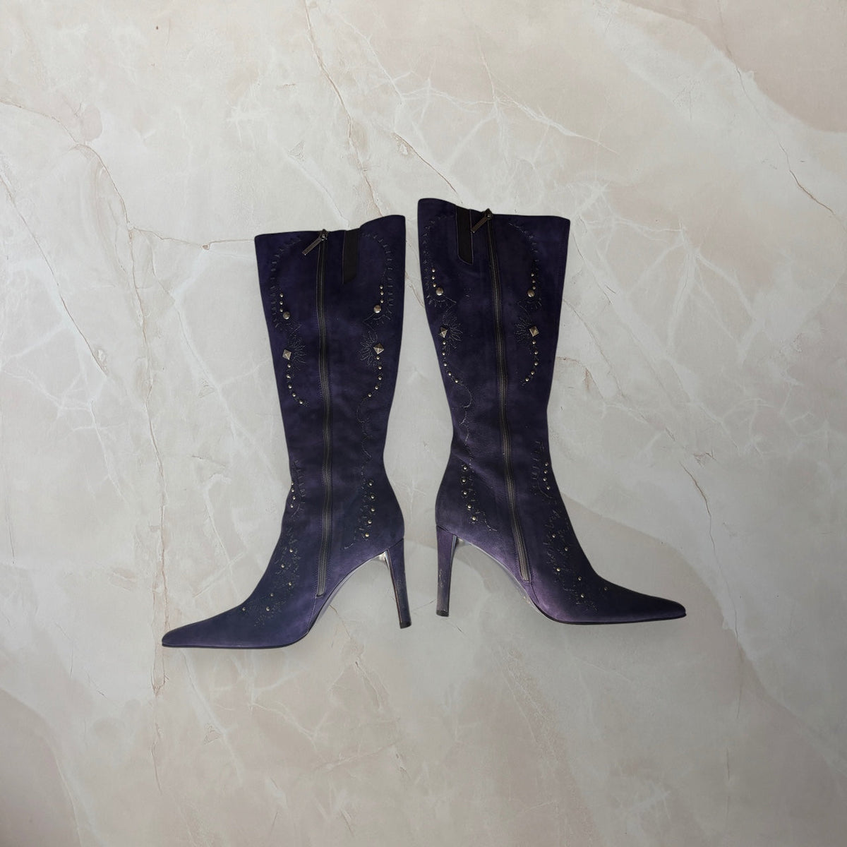 Donald J. Pliner US 9 Purple Suede Studded Embroidered Knee High Boot