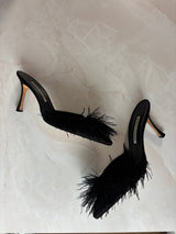 Manolo Blahnik EU 39 Black Satin Ostrich Feather Pointed Mule