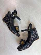 Coach US 8.5 Navy Monogram Canvas Ankle Strap Chunky Platform Wedge