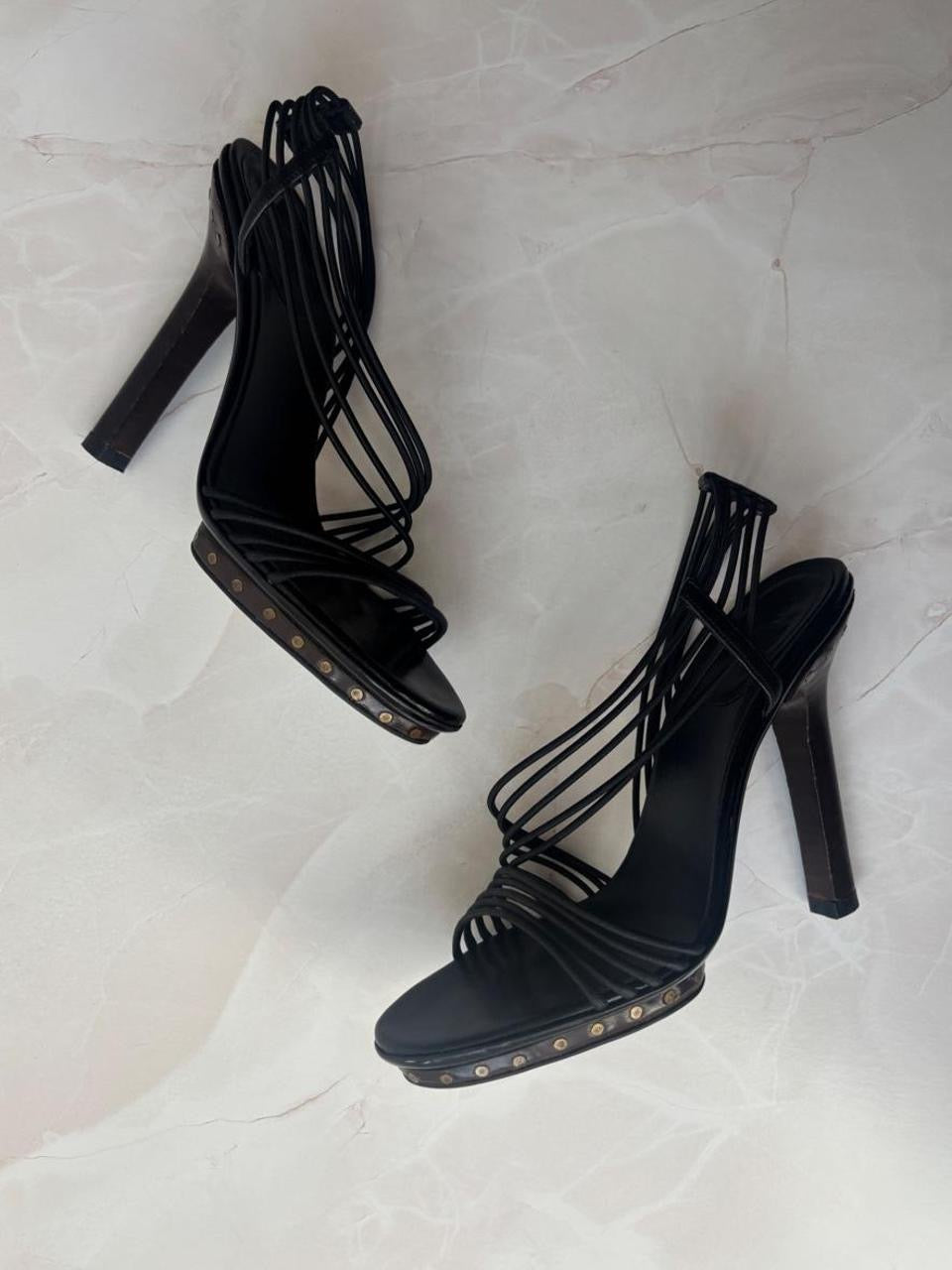Gucci US 7 Black Leather Strappy Stiletto Sandal