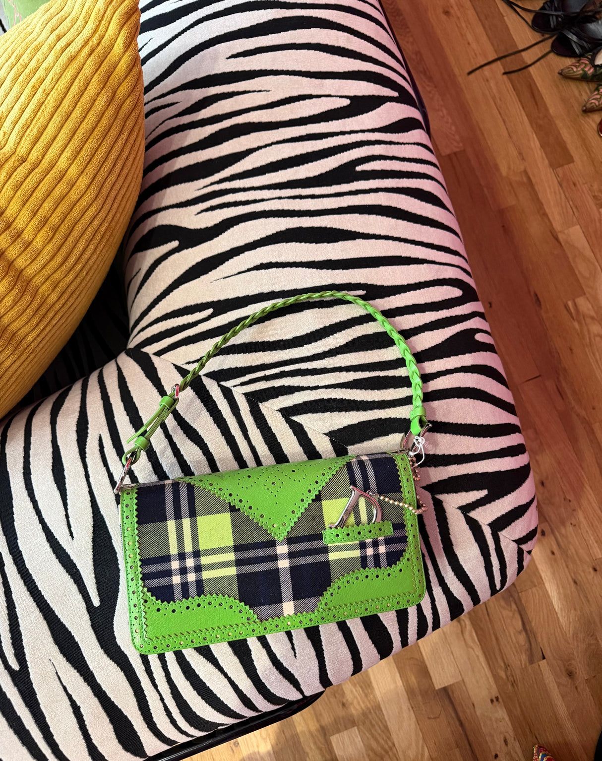 Christian Dior Vintage Y2K Lime Green Tartan Leather D'Trick Flap Bag (Galliano 2004) - sku tuv #7