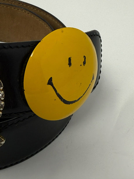 Moschino Black Leather Anarchy Smiley Face Heart Peace Sign Belt