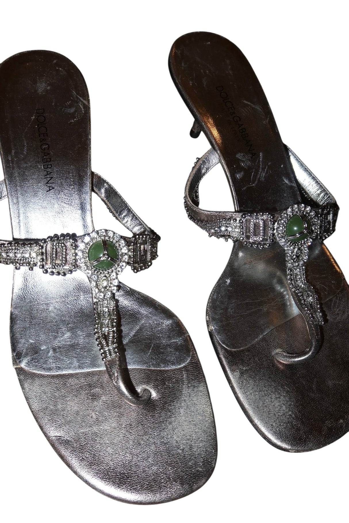 Dolce & Gabbana silver mules with rhinestones, D&G logo and green stone (38.5)