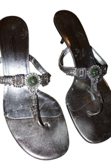Dolce & Gabbana silver mules with rhinestones, D&G logo and green stone (38.5)