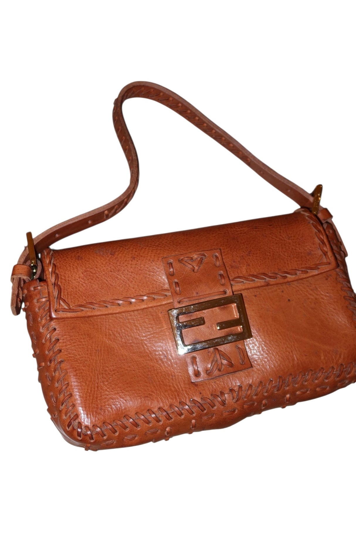 Fendi baguette whipstich tan brown leather bag