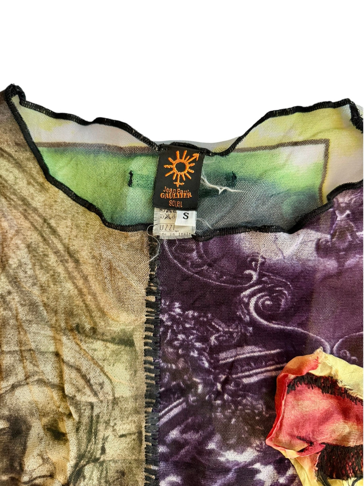 Jean Paul Gaultier 1998 soleil multi print long sleeve mesh top (S)