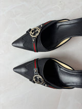 Gucci US 7.5 Black Leather Pointed Toe GG Buckle Mule