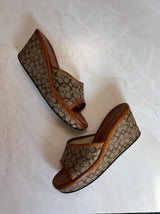 Coach US 7 Tan Brown Monogram Canvas Wedge Slide Sandal