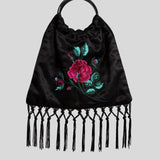 Floral embroidered fringe trim purse in black
