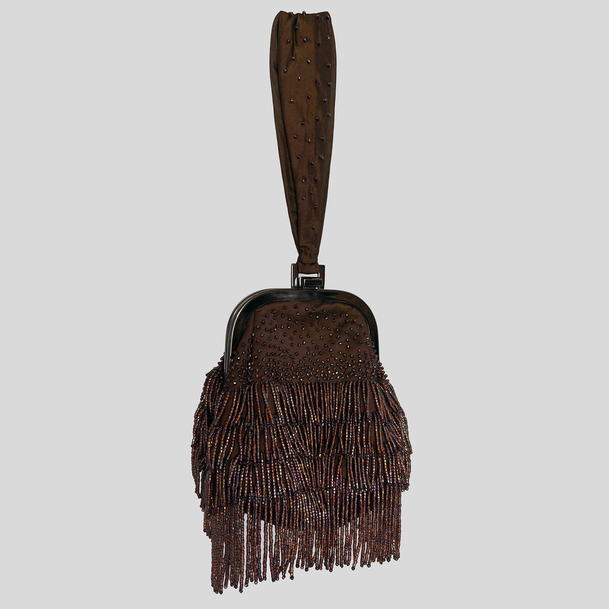 Fringe beaded purse in brown