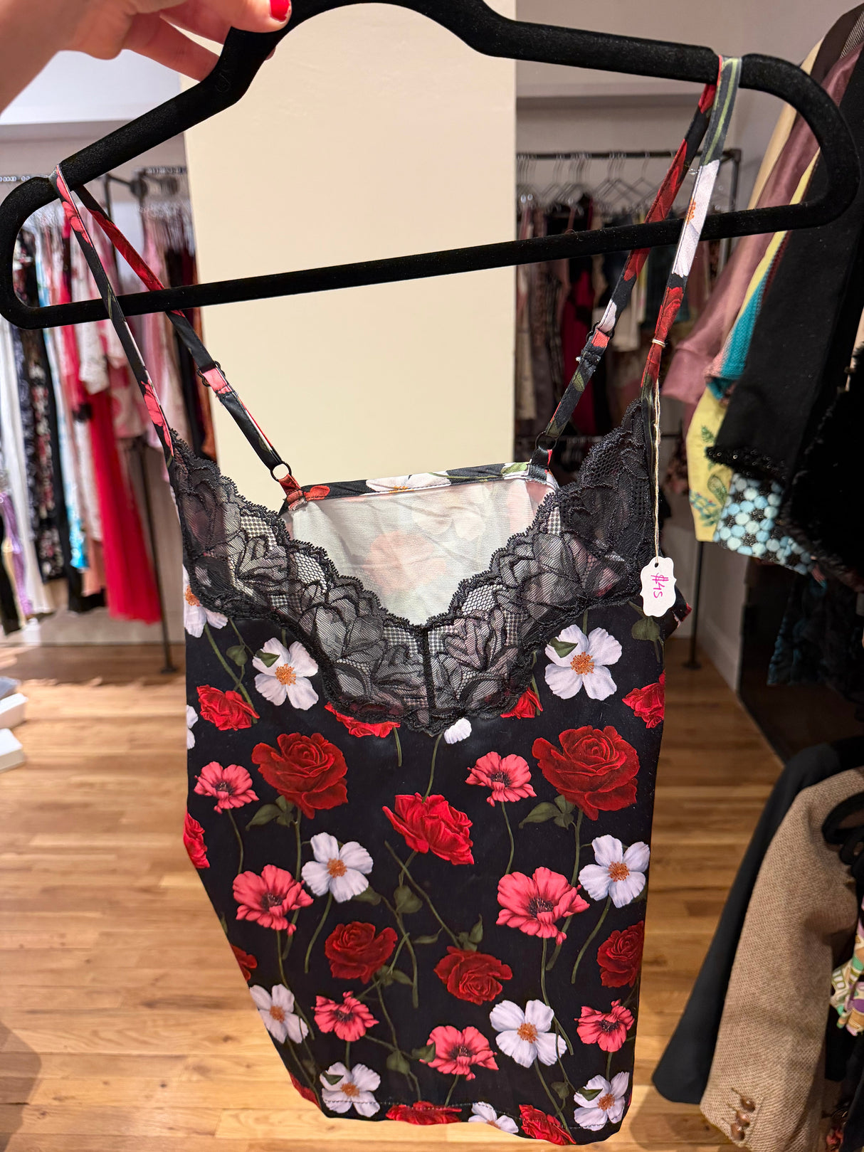 Cosabella black floral camisole with red roses and lace trim- SKU tuv #132