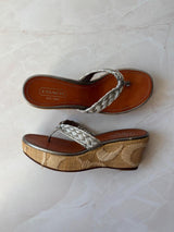 Coach US 7 Silver Monogram Canvas Raffia Platform Thong Wedge Sandal