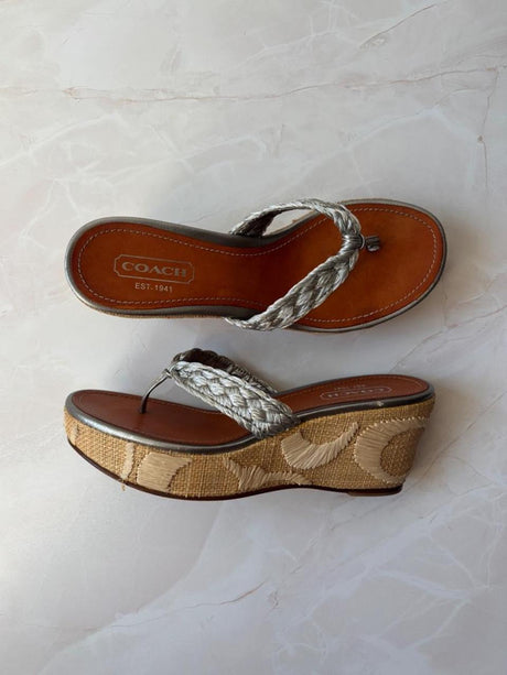 Coach US 7 Silver Monogram Canvas Raffia Platform Thong Wedge Sandal
