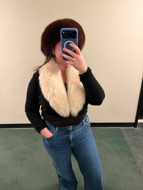Vintage fox fur black sweater bolero with pearl details on sleeves