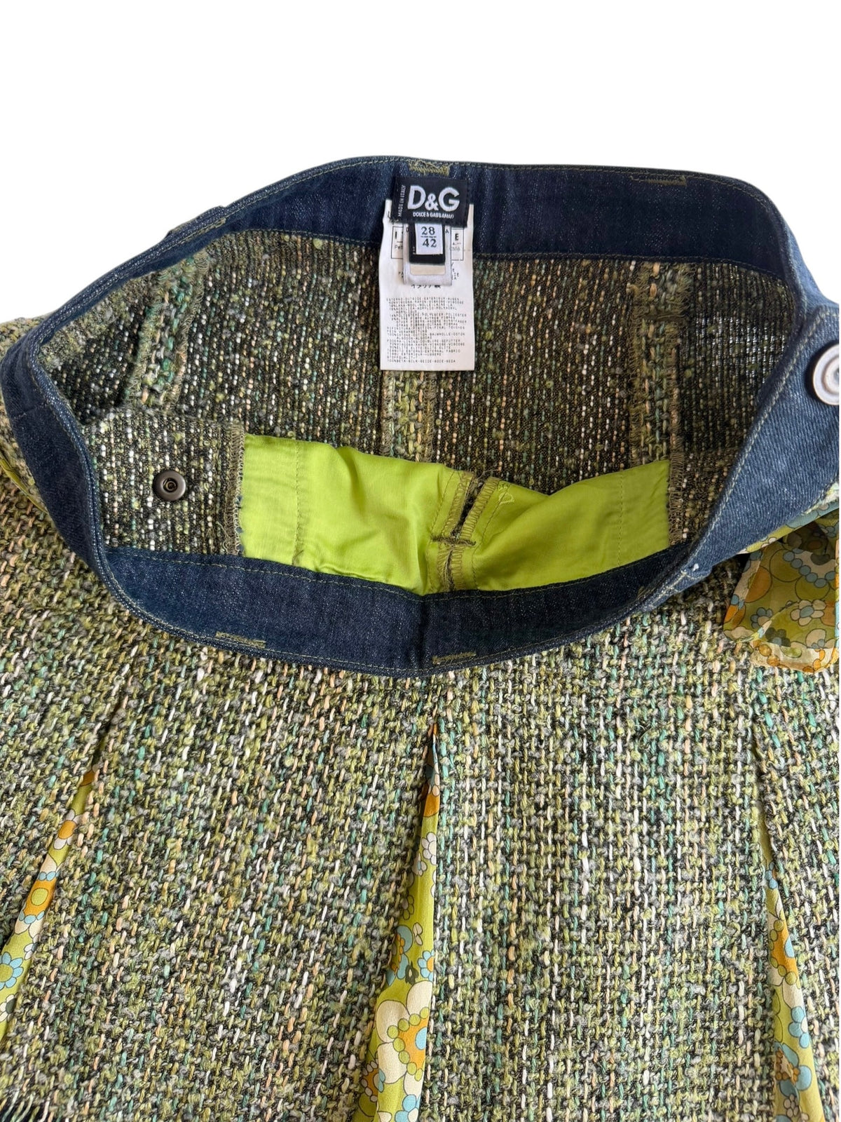 Dolce & Gabbana denim and green tweed mini skirt