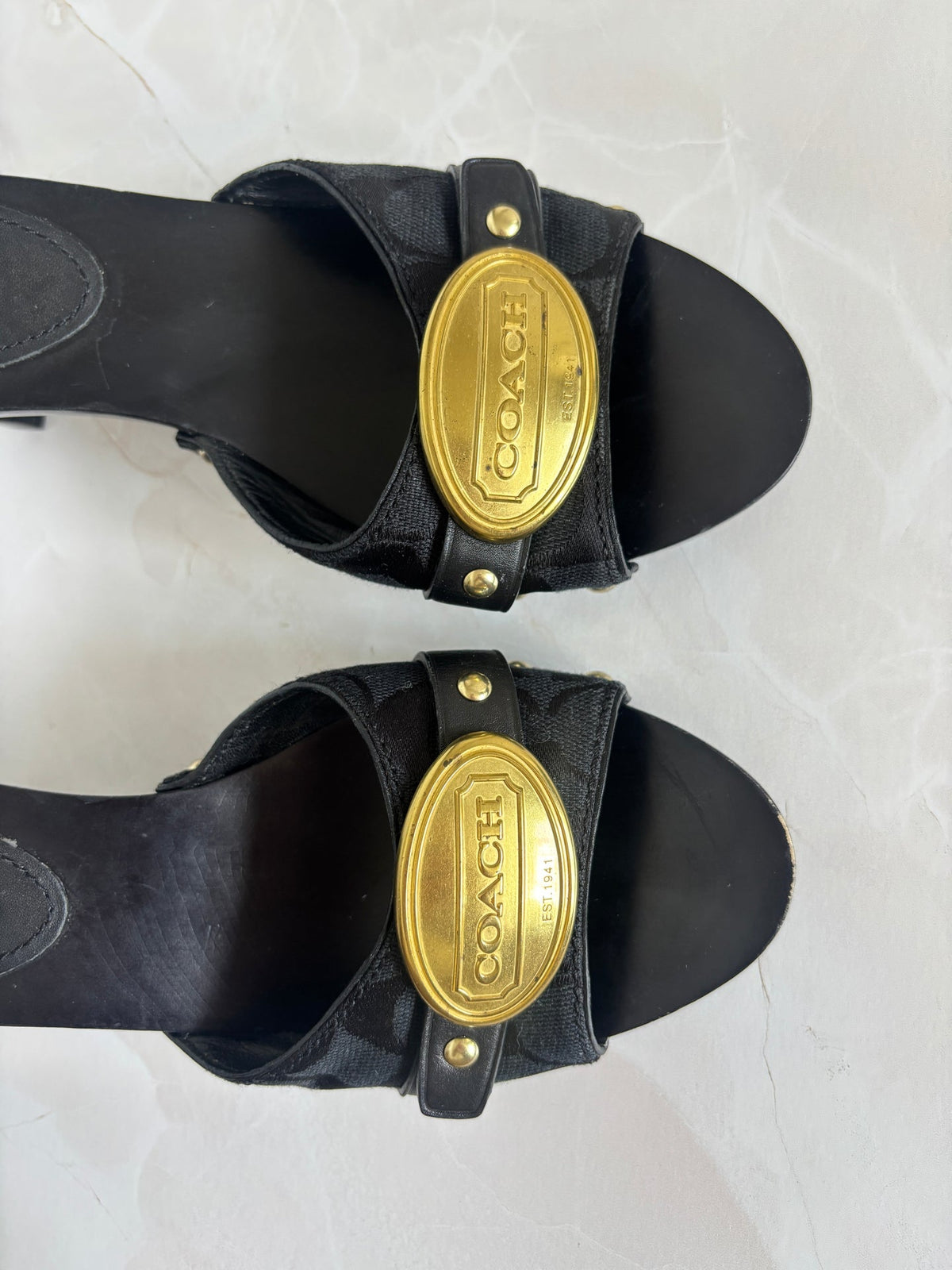 Coach US 8 Black Fabric and Leather Block Heel Mule