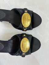 Coach US 8 Black Fabric and Leather Block Heel Mule