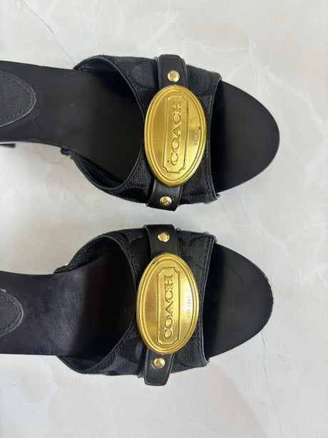 Coach US 8 Black Fabric and Leather Block Heel Mule