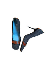 Dolce & Gabbana denim square toe heels with front leather strap (38)