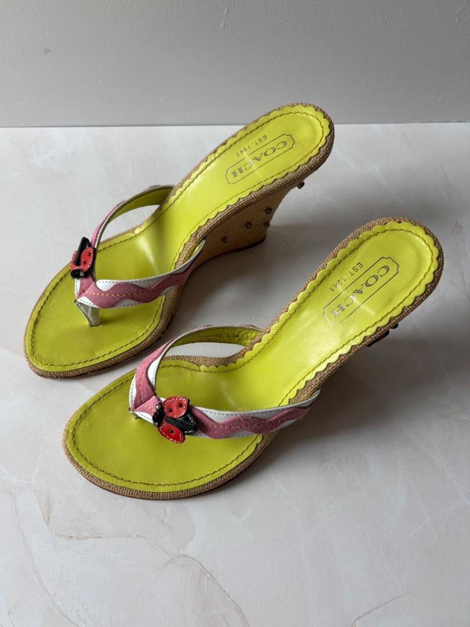 Coach US 8.5 Rare Raffia Ladybug Wedge Sandal