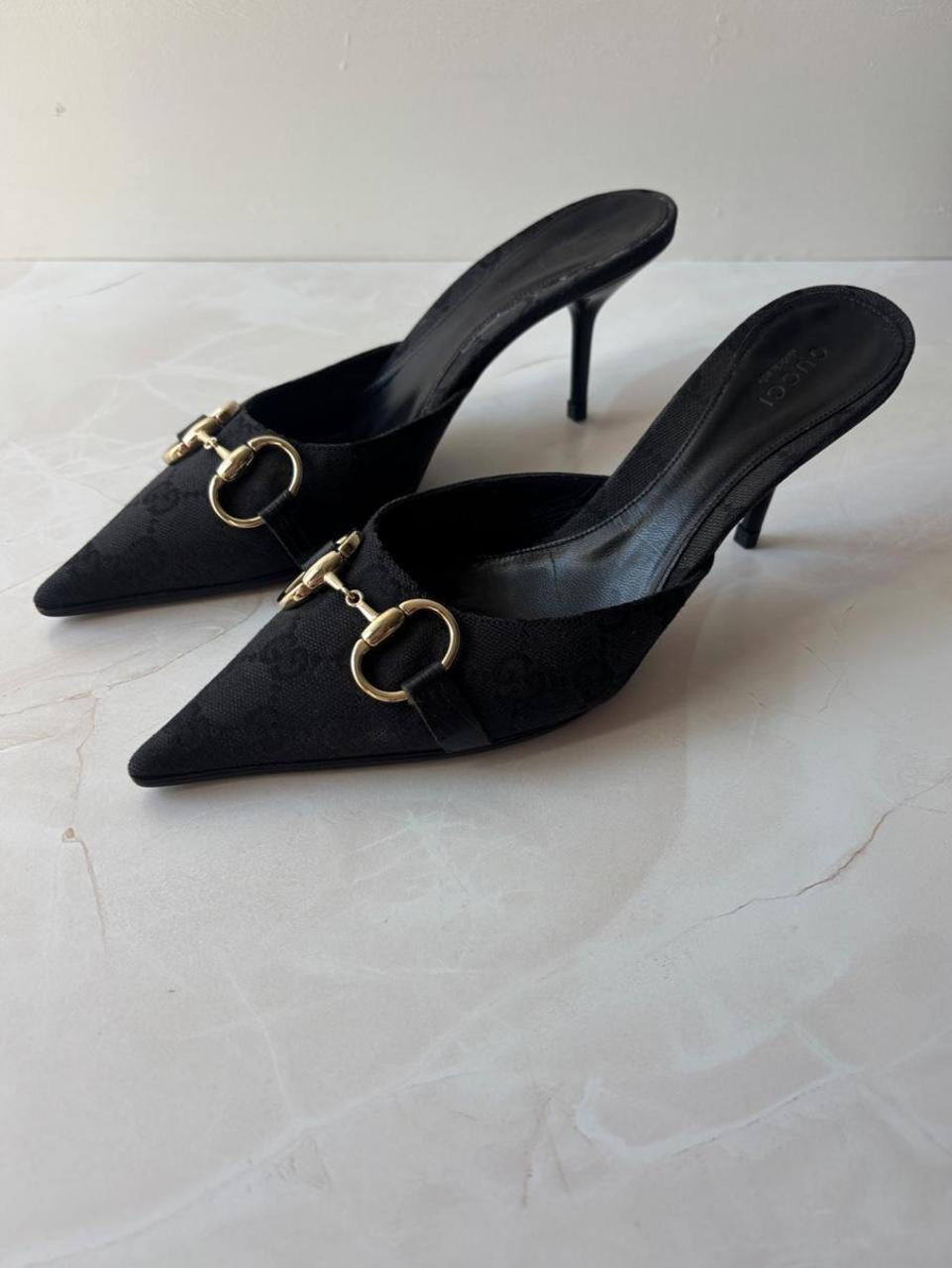 Gucci US 6 Black GG Monogram Canvas Pointed Toe Mule