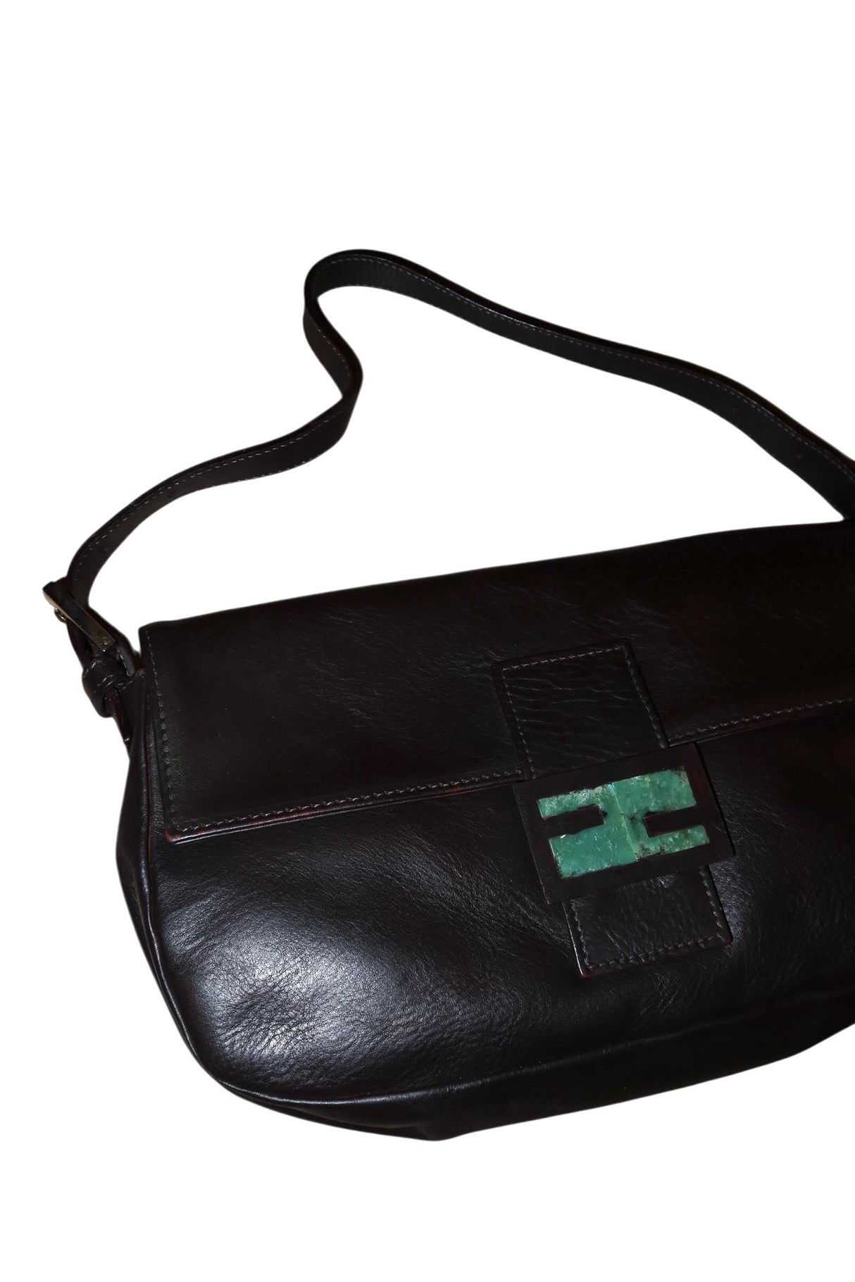 Fendi dark brown baguette bag with green stone logo