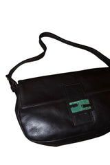 Fendi dark brown baguette bag with green stone logo