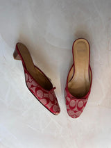 Coach US 8.5 Red and Cream Monogram Canvas Kitten Heel