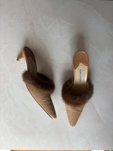 Manolo Blahnik EU 39.5 Tan Pony Hair Fur Trim Pointed Toe Kitten Heel Mule