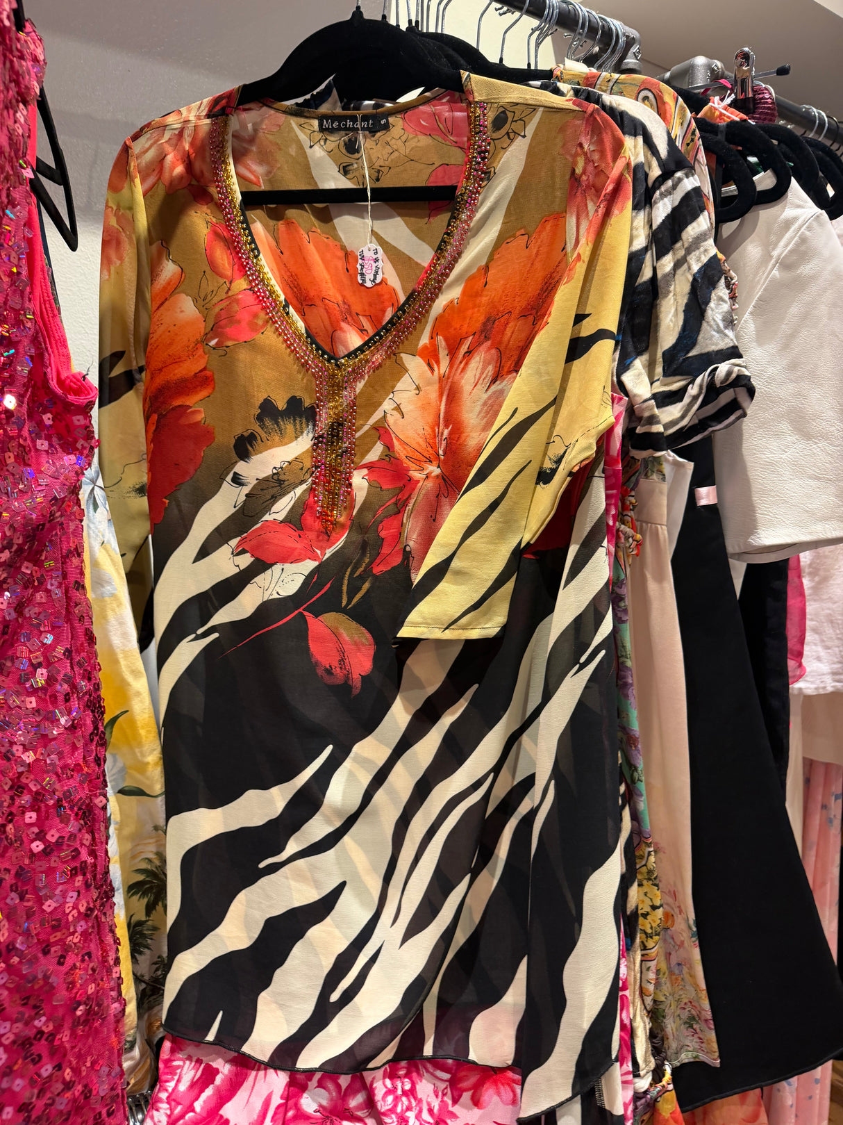 Merchant sheer zebra bedazzled blouse sku tuv #1114
