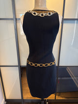 Moschino Size 6 Black & Gold Embroidered Boom Box Peace Sign Dress