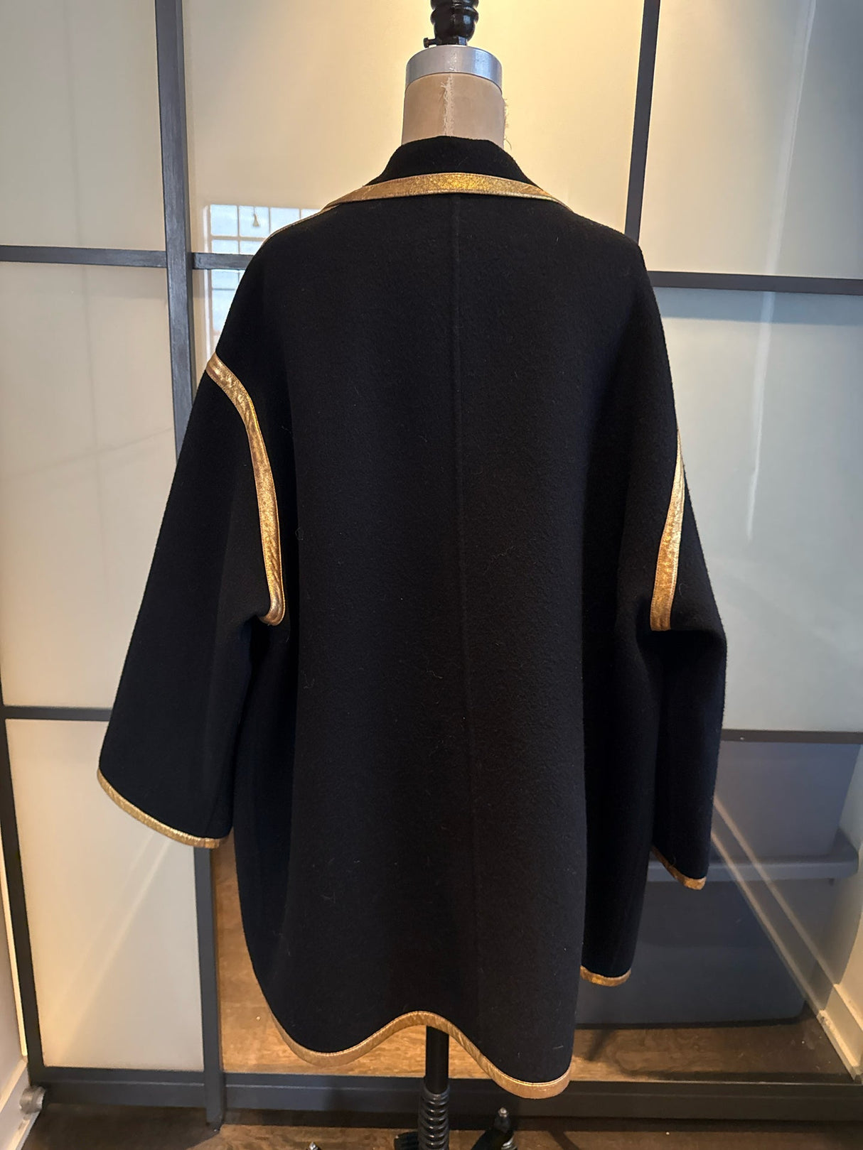 Donna Karan Black Wool Gold Leather Trim Coat Vintge