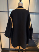 Donna Karan Black Wool Gold Leather Trim Coat Vintge