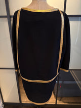 Donna Karan Black Wool Crepe Gold Leather Trim Dress
