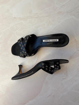 Manolo Blahnik EU 39.5 Black Leather Grommet Crossover Kitten Heel Mule