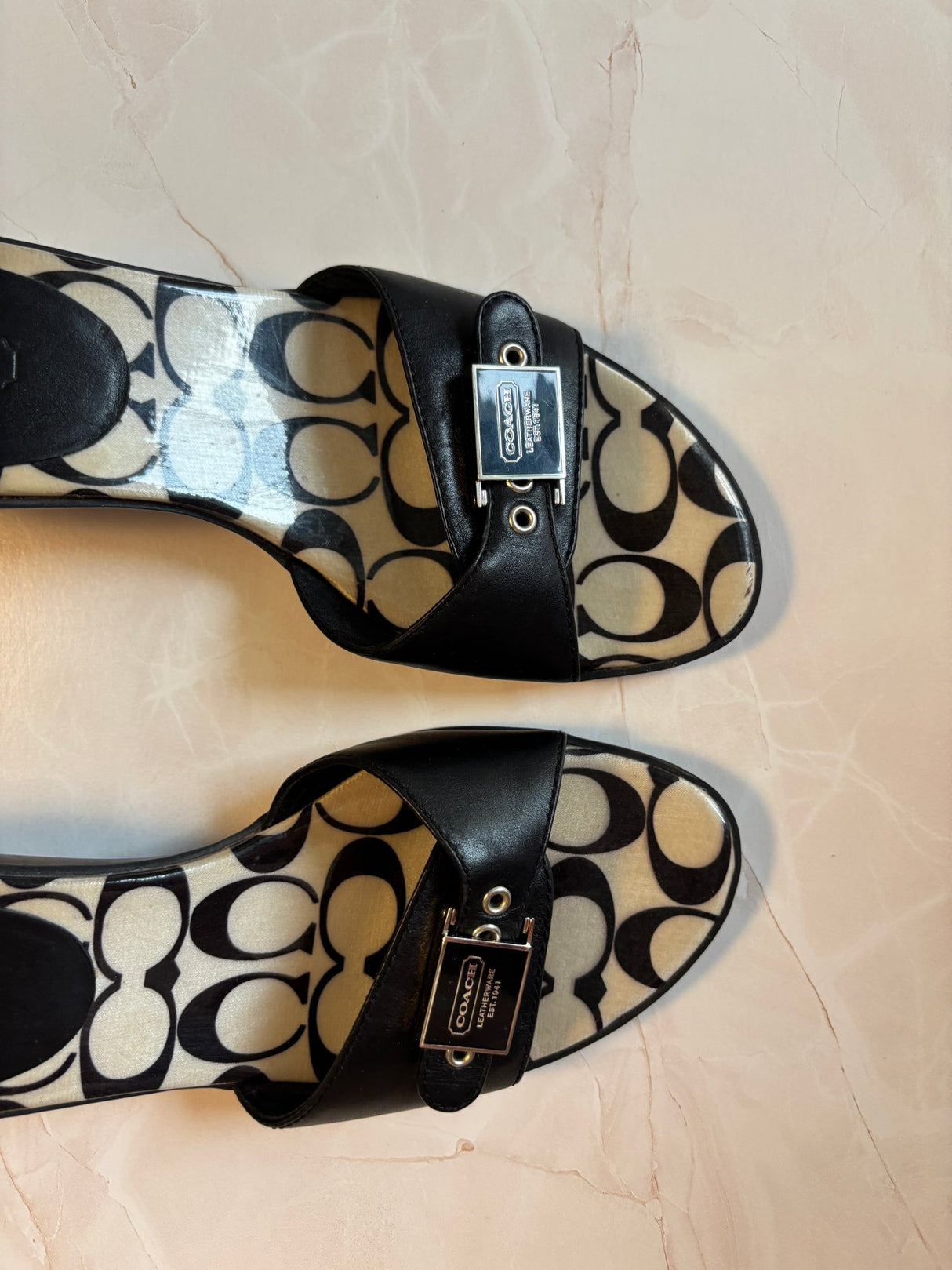 Coach US 9 Black Leather Monogram Canvas Footbed Slide Sandal