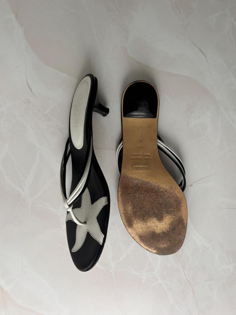 Coach US 8.5 Black and White Leather Open Toe Thong Sandal