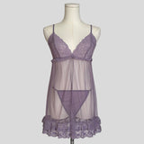 Mesh ruffled lace split front babydoll with matching panties in purple