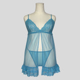 Mesh ruffled lace split front babydoll with matching panties