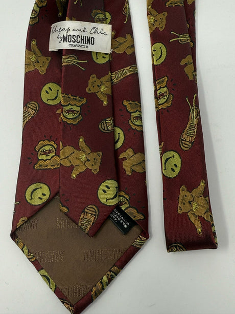 Moschino Brown, Burgundy,Yellow Silk Smiley Face Bear Neck Tie