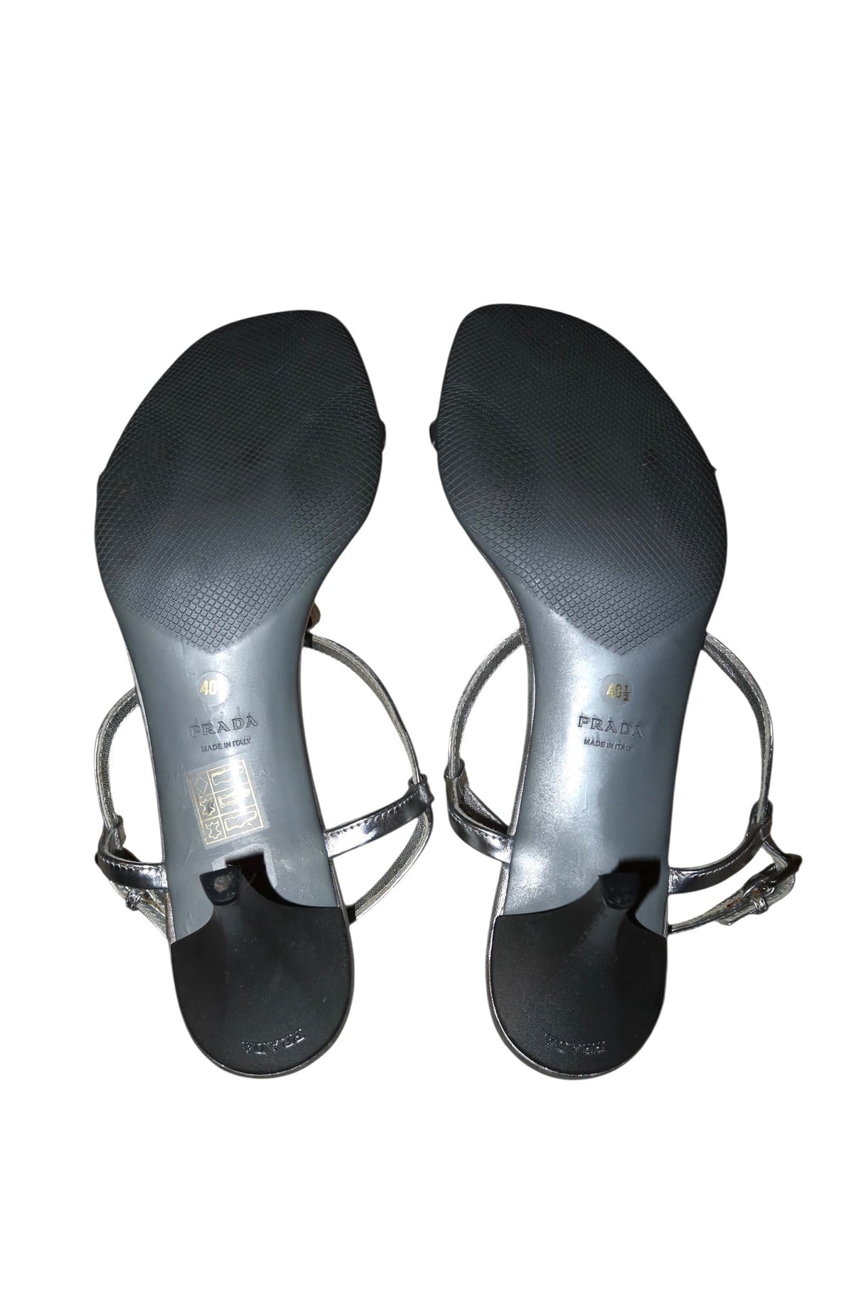 Prada metallic silver sandal heels (40.5)