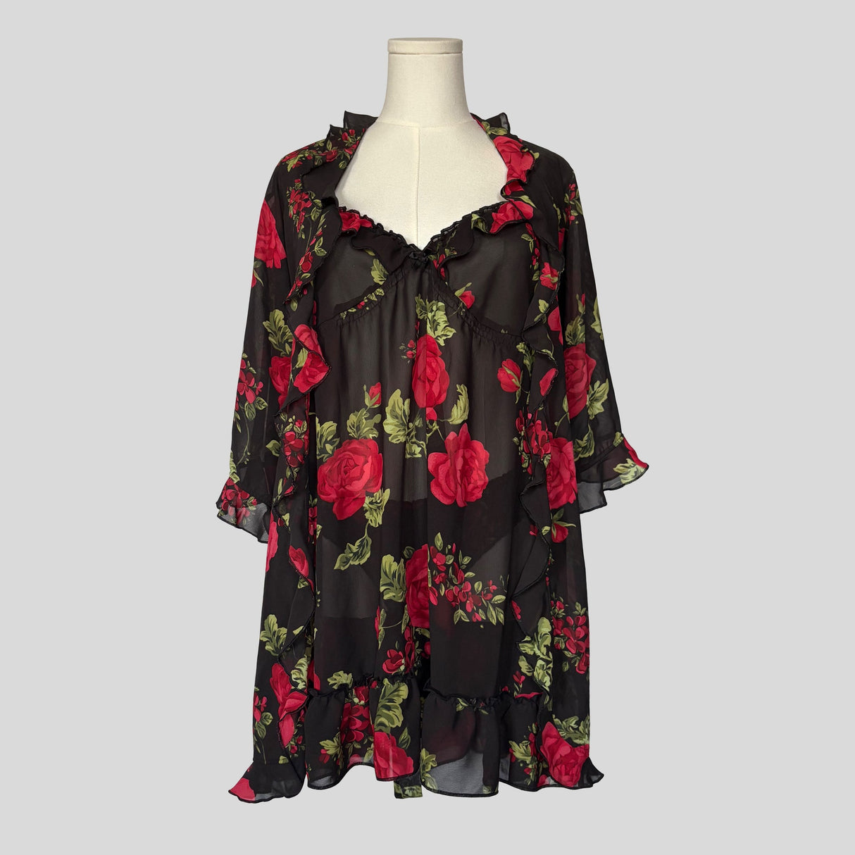 Rose floral babydoll slip with matching robe and panties