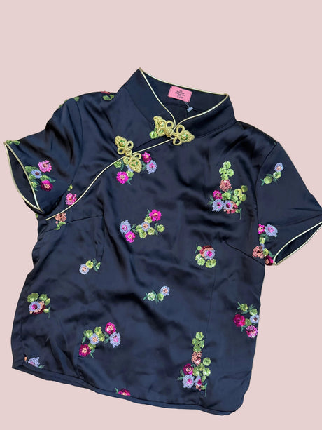 Black tang style top with floral details tuv #125678